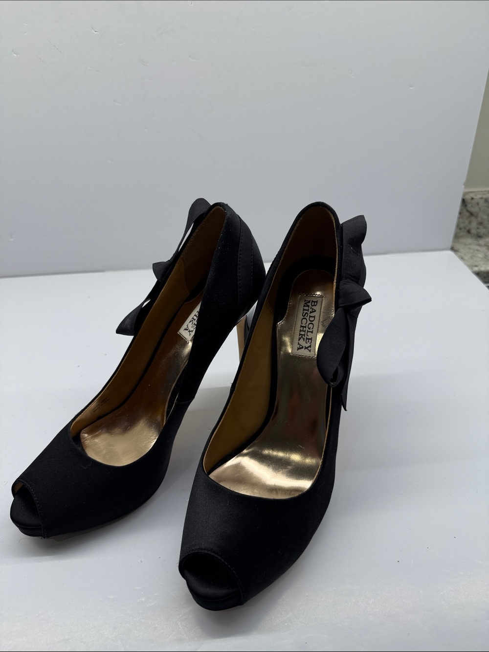 Badgley Mischka Black Satin Peep-Toe Heels with Side Bow